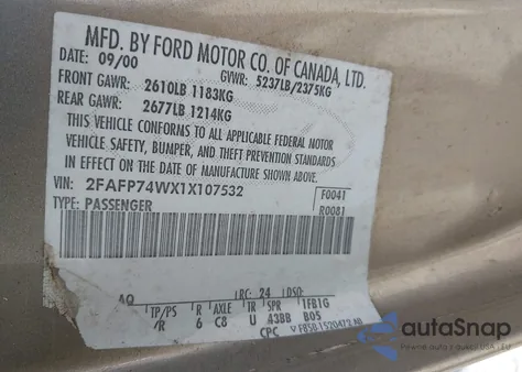 2001 Ford Crown Victoria Lx из США, поврежденный, VIN 2FAFP74WX1X107532